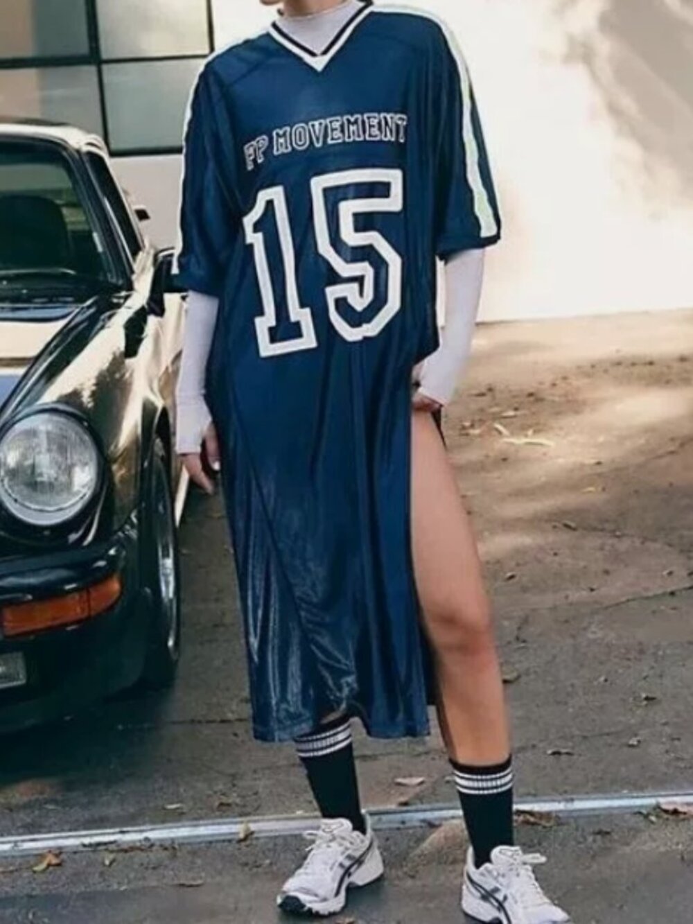 FP Movement Navy Shiny Jersey Tee Midi Dress High Slit Blokecore Varsity Prep L